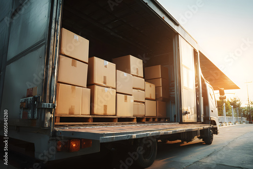 Cargo truck full of boxes ready for delivery in daylight