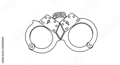Detailed hand-drawn illustration of a pair of linked handcuffs, capturing law enforcement and constraint, emphasizing line work and minimalistic