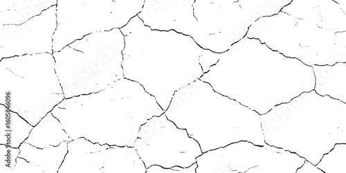 white surface with a network of black cracks across the surface area.