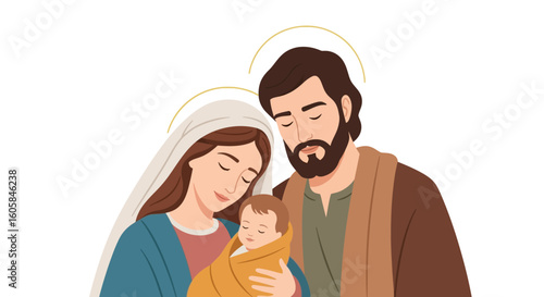 Serene depiction of the Holy Family, showcasing love, faith and the tender bond between parents and their newborn child within the Nativity story