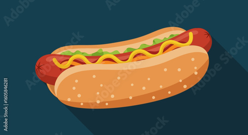 Delicious Hotdog Vector Illustration with Mustard and Green Relish on a Dark Blue Background Depicting American Cuisine 150