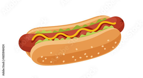 Classic American hotdog illustration featuring mustard, relish, and a toasted bun for a tasty, traditional summertime treat