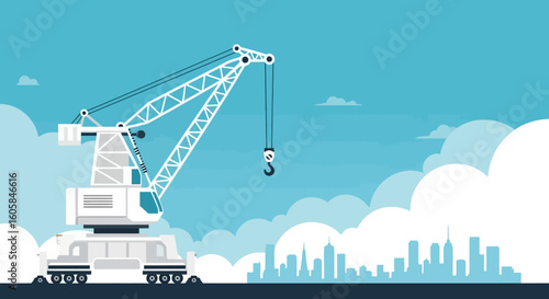 Illustration showcasing the erection of a modern metropolitan skyline with crane and construction elements depicted in a minimalist design style