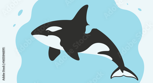 Stylized Orca Illustration Swimming in a Light Blue Ocean Backdrop with Simple Water Droplets Design, Showing marine mammal in a minimalistic