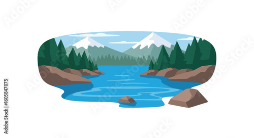 Stylized mountain landscape with glacial peaks overlooking tranquil azure waters surrounded by evergreen forests and rocky shores