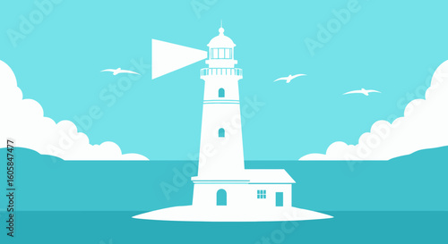 Graphical lighthouse illustration with seagulls flying by on a sunny day for nautical themes and navigational purposes or maritime design