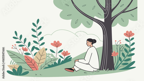 Mindfulness practice vector showing meditation, nature therapy, mental focus, self-connection, and peaceful vibes




