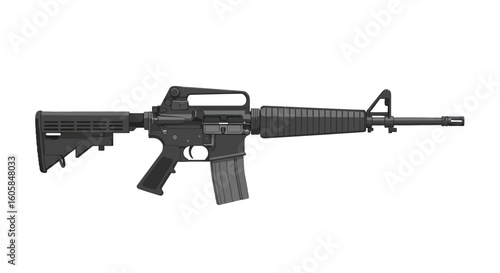 Isolated depiction of a modern automatic assault rifle on a white background, capturing the clean design and functionality of the weapon system