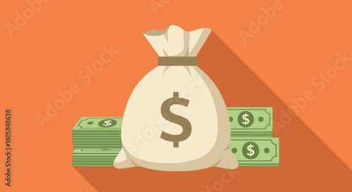 Illustration of a Money Bag and Stacks of Currency on an Orange Background, Conveying Financial Security and Success