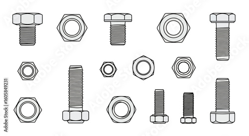 Illustrated Assortment of Hexagon Head Bolts and Nuts for Mechanical Applications Blueprint Drawing Style