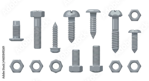 Collection of Grey Metallic Fasteners: Diverse Screws, Bolts and Nuts Isolated on White, Precise and Detailed Rendering