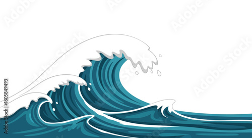 Illustration of stylized ocean waves with dynamic crests and swirling patterns against a serene white backdrop