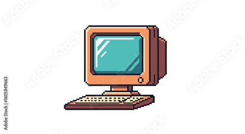 Nostalgic Pixel Art of Retro Computer Displaying a Teal Screen on White Background Depicting Vintage Technology