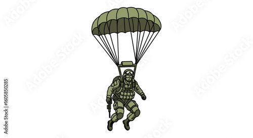 Cartoon Illustration of a Paratrooper in Military Gear Descending Under an Olive Drab Parachute