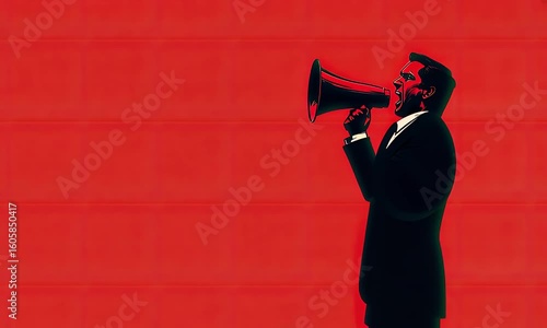 A person in silhouette, holding a megaphone, against a red background