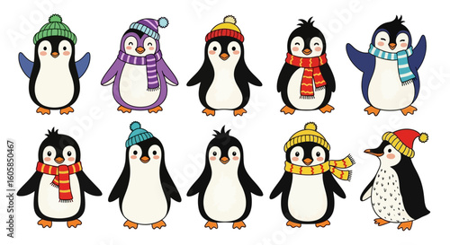 Charming Collection of Whimsical Penguins in Winter Attire: A Delightful Array of Animated Antarctic Birds Ready for the Festive Season