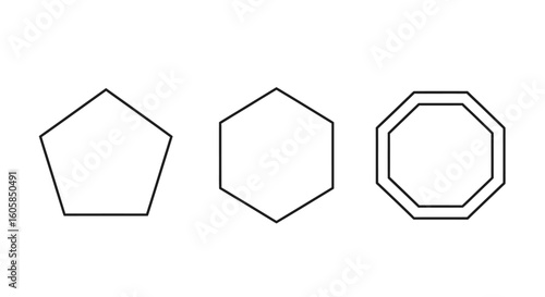 Geometric shape set: Pentagon, hexagon and octagon outlines for educational or graphical design purposes demonstrating basic geometrical concepts