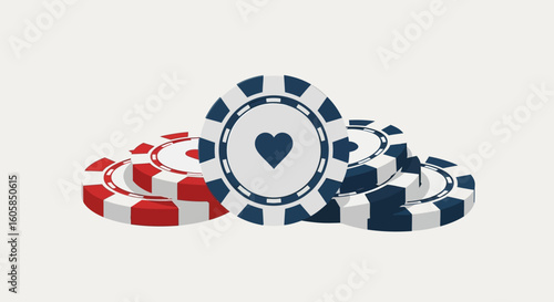 Stylish casino chips stacked illustration portraying risk and fortune with heart symbol for gaming theme and entertainment concept