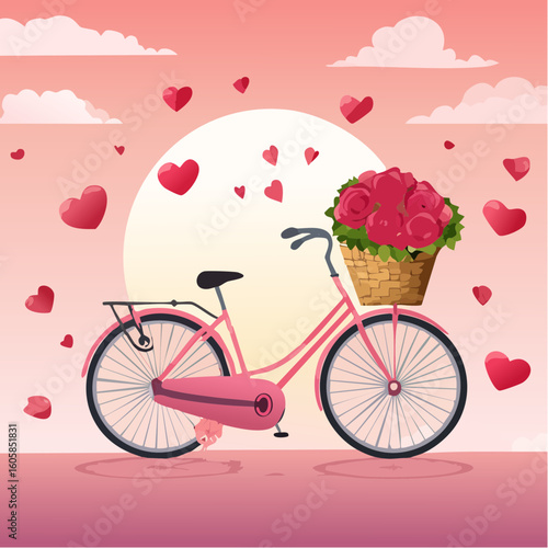 Valentine’s Day vector postcard with a bicycle carrying a basket of roses and love letters, sunset pink background