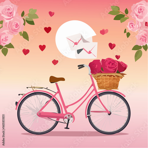 Valentine’s Day vector postcard with a bicycle carrying a basket of roses and love letters, sunset pink background