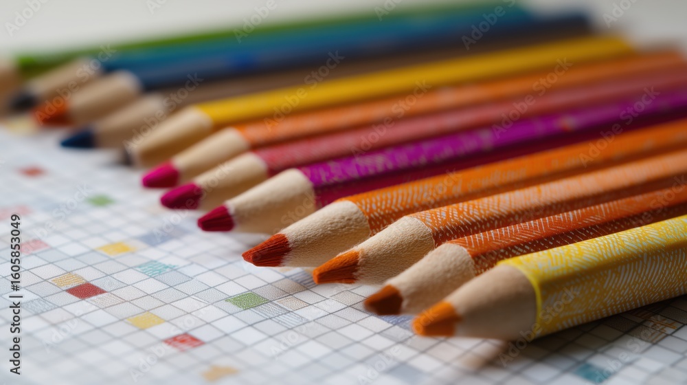 Fototapeta premium Colorful Pencils Aligned on Graph Paper in Sharp Focus