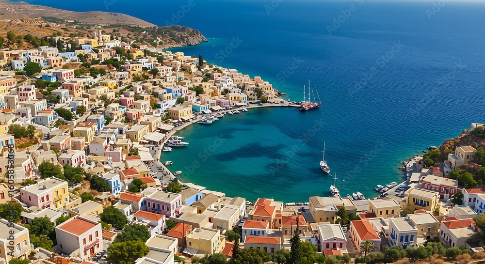 Naklejka premium Hillside view of the colorful buildings and busy harbor on Symi Island, Greece.