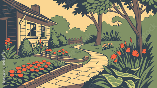 Charming Cottage with Winding Garden Path and Lush Greenery Illustration
