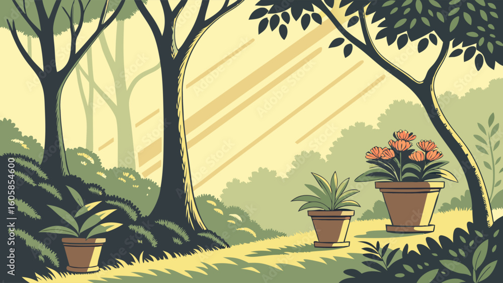 Obraz premium Sunny Garden Landscape with Potted Plants and Trees Illustration