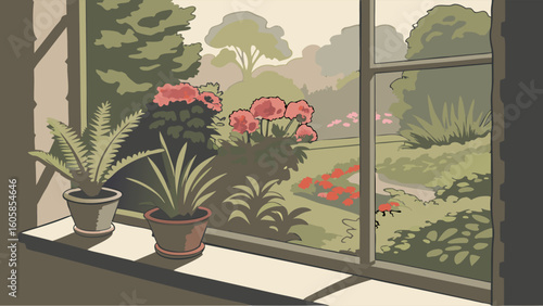 Serene Garden View from Window with Potted Plants on Sunlit Sill