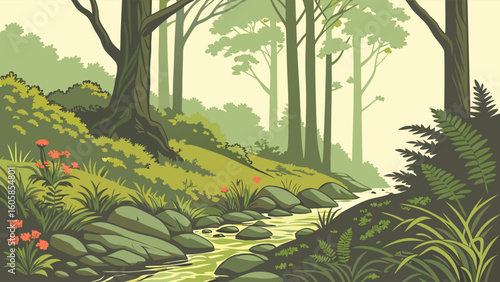 Lush Forest Stream Nature Landscape Illustration with Trees, Rocks, and Greenery