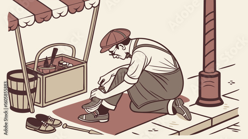 Vintage Illustration of a Shoemaker or Shoe Shiner Working on a Street Corner, Offering Traditional Shoe Repair Services