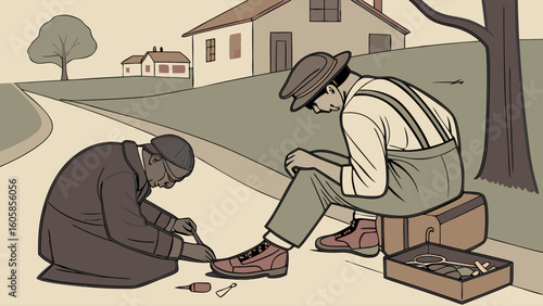 Vintage Illustration of a Cobbler Repairing Shoes Outdoors for a Man