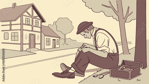 Illustrative Scene: Man Carving Wood Under a Tree in a Quaint Village Setting