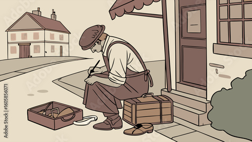 Traditional shoemaker mending shoes on a vintage street sidewalk illustration