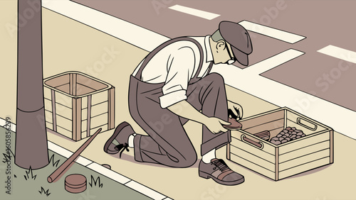 Classic Shoe Shiner at Work on City Sidewalk: Vintage Profession Illustration