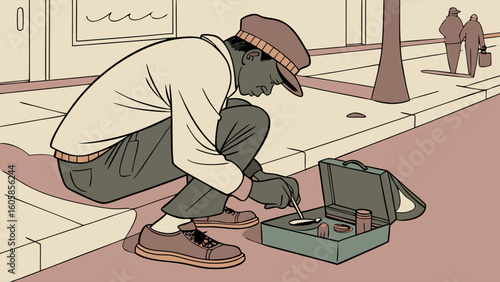 Illustrated urban scene: Man in a cap crouches on a city sidewalk, examining contents of an open case.