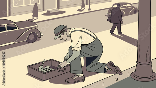 Retro Shoe Shiner Working on City Street with Classic Cars