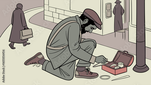 Street artisan working on sidewalk: Man in cap mending items from a case, urban scene with passersby.