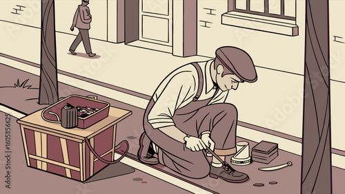 Traditional Shoe Shiner Working on City Sidewalk Illustration