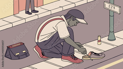 Urban street cobbler fixing shoe on sidewalk with tools, everyday life illustration