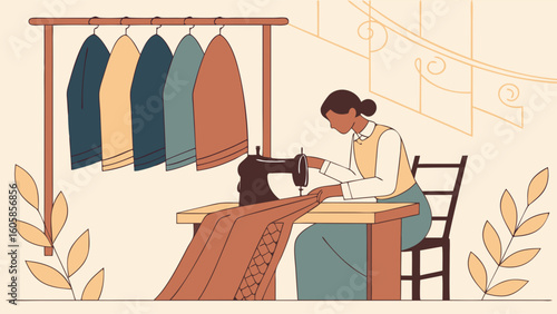 Vintage Seamstress Crafting Garments on Sewing Machine with Clothes Rack
