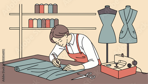 Fashion designer cutting fabric in studio with sewing machine and dress forms. Tailoring and garment production concept.