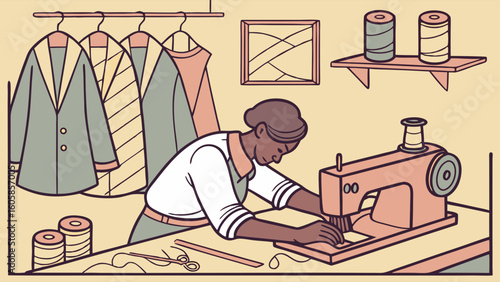 Tailor Working on Sewing Machine in Workshop. Professional Seamster Crafting Custom Garments. Flat Vector Illustration of Dressmaking.
