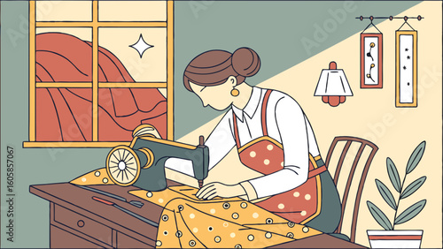 Woman Sewing on Vintage Machine at Home, Creative Craft Hobby Illustration