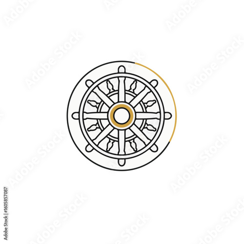 A detailed illustration of Dharma wheel design with outlines and a touch of gold accent. 