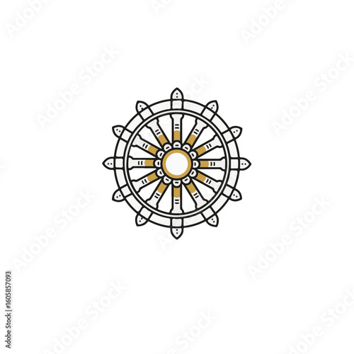 A simple illustration of the Dharmachakra symbol, a wheel with eight spokes representing the noble eightfold path.
