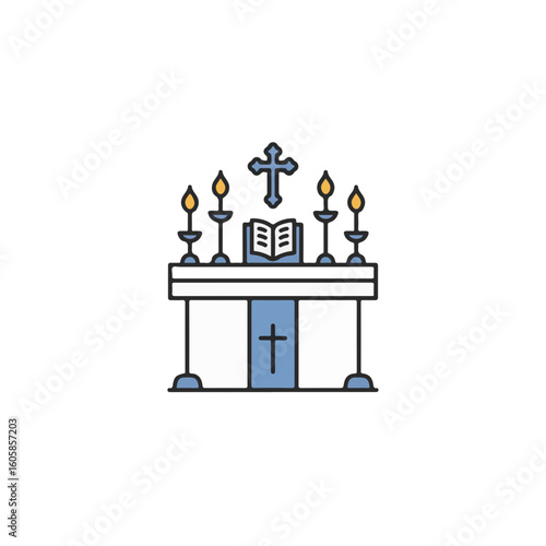 A symbolic illustration of an altar with a cross, candles, and a book.