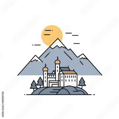 A whimsical illustration of a majestic castle nestled beneath snow-capped mountains, basking in the warm glow of the sun.