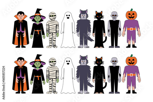 Halloween costume group with vampire, witch, skeleton, ghost, werewolf, pumpkin, frankenstein, spooky character set