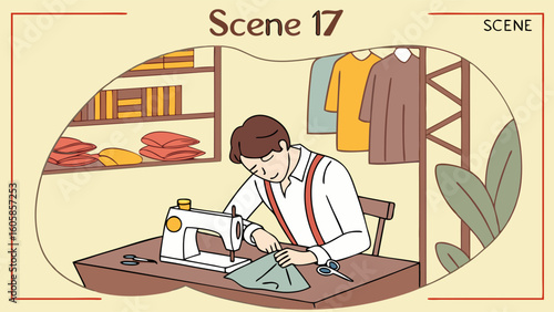 Male Tailor Sewing Clothes on Machine in Workshop. Custom Apparel & Textile Craftsmanship Illustration.